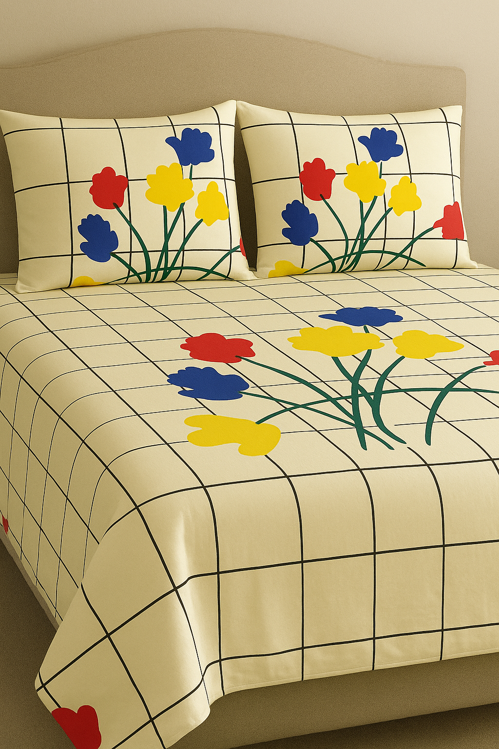 Grid & Bloom Cotton Bed Sheet Set